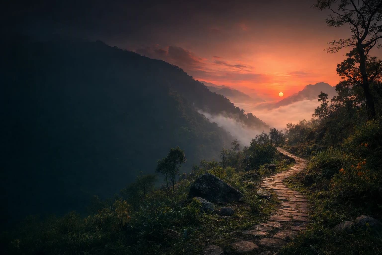 A path through a mountain valley at dawn